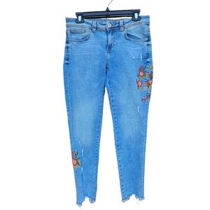 ZARA denim floral embroidered mid rise fray ankle Z1975 size 6 jeans zip fly 013